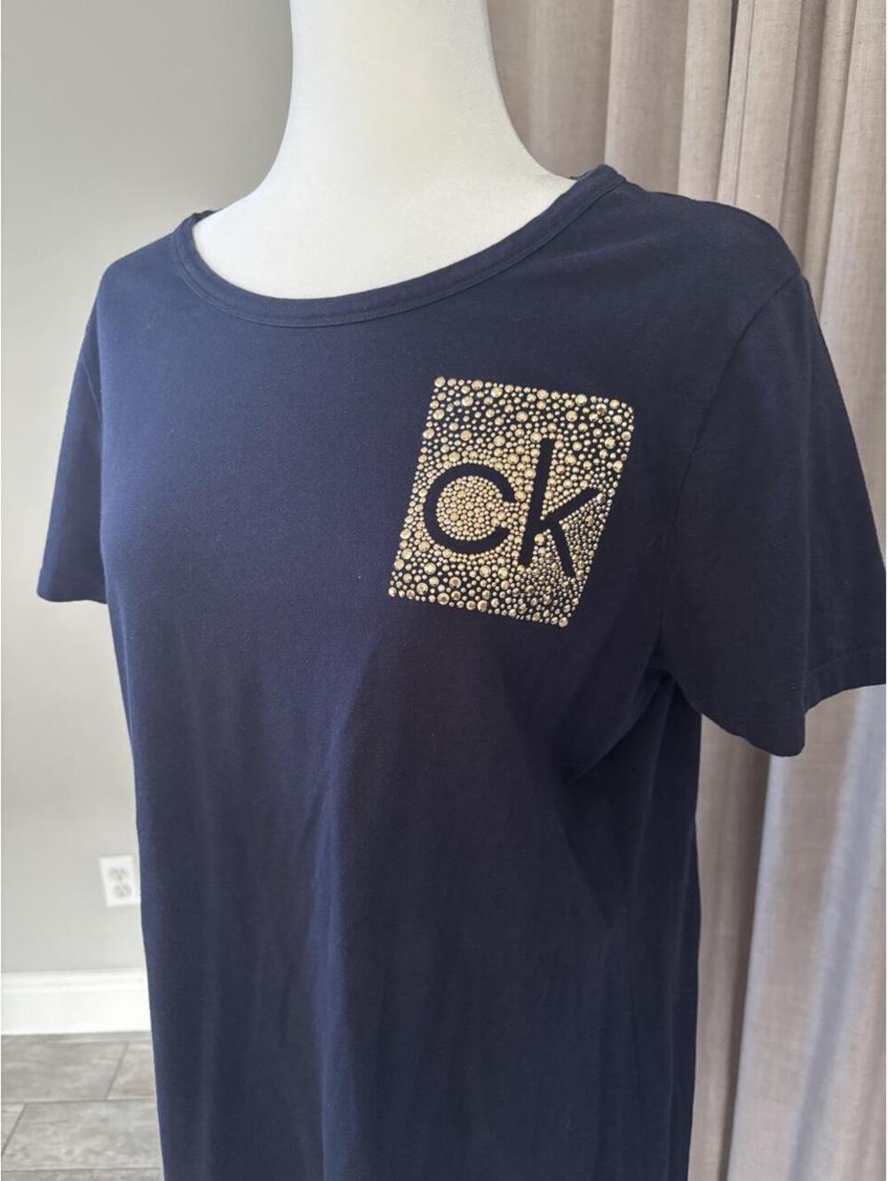 Calvin Klein Navy Gold Rhinestone Logo T-Shirt Dress XL